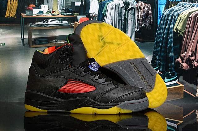 Air Jordan 5 Men's Basketball Shoes Black Yellow Red Limited-43 - Click Image to Close